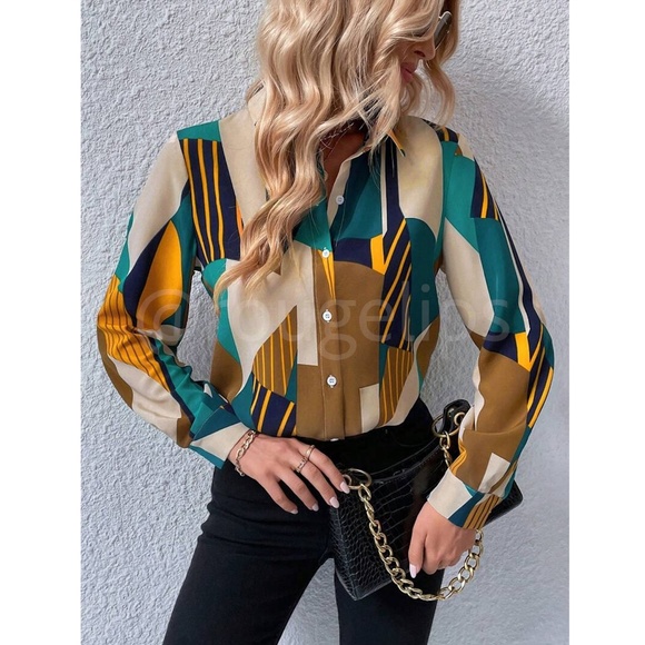 Geometric Colorblock Print Button Down Collared Long Sleeve Dress Shirt Top - Picture 6 of 7